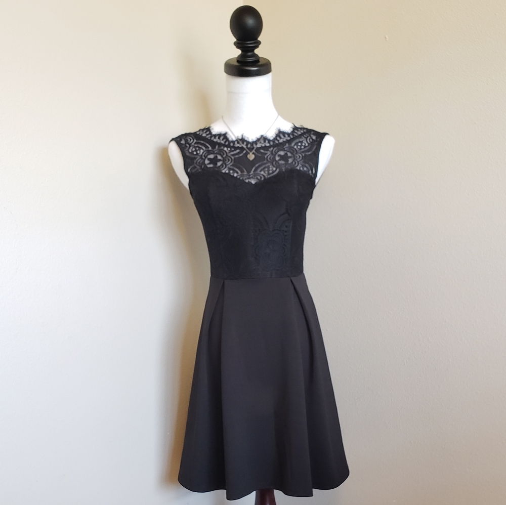 Francesca's Black Skater Dress with Lace Neckline